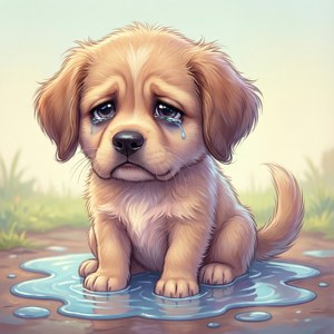 一隻悲傷的金毛幼犬在草地小徑上的水坑裡哭泣。
