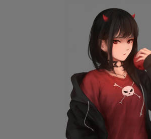 長著紅色角和紅色眼睛的動漫女孩，穿著紅色骷髏T恤和黑色連帽衫。