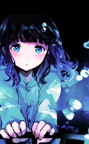 藍眼睛的動漫女孩，被發光氣泡環繞，手持一把劍。 — Galaxy Tab Active5 壁紙