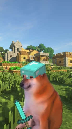 狗穿著Minecraft裝備在草地村莊場景中持劍