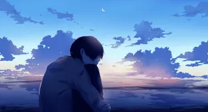 動畫男孩剪影在暮色中彎腰坐在水邊,伴隨著新月。