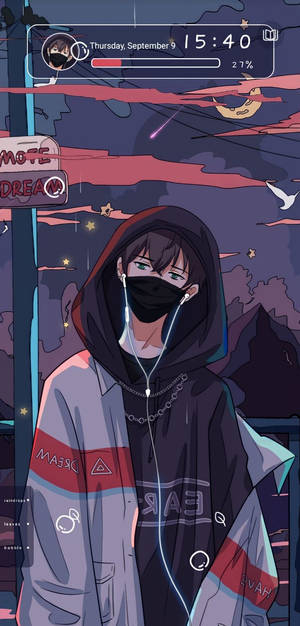 動漫少年穿著連帽衫和口罩，在星空暮色下聽音樂。