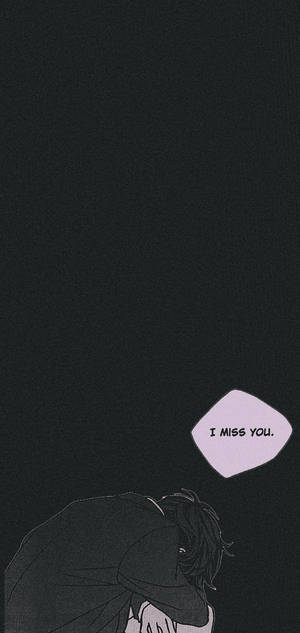 一個深色頭髮嘅彎腰人物同一個寫住 I MISS YOU 嘅對話框，背景係黑色。 — iPhone Xr 壁紙