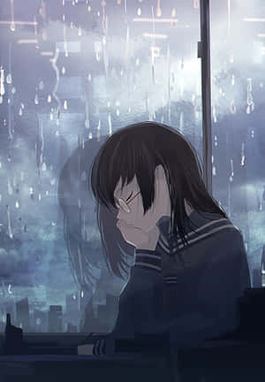 一個悲傷的動漫女孩穿著校服，坐在雨水濺灑的窗邊，俯瞰城市