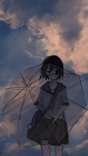 動漫女孩穿著校服，在暮色天空下拿著透明雨傘，雨中站立。 — 動漫女孩 壁紙