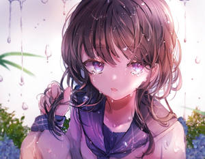 動漫女孩在雨中哭泣，濕髮和紫色眼睛 — 動漫女孩 壁紙