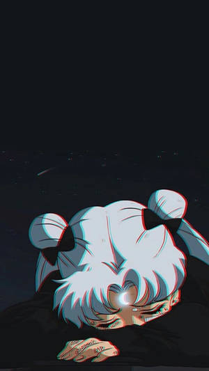 白髮雙丸子頭的動漫女孩，在繁星點點的夜空下睡覺，額頭上有一個發光的月亮。 — 動漫女孩 壁紙