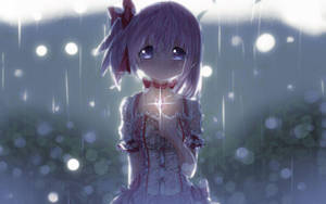 紫髮動漫少女在雨中手持發光心形，帶有散景燈光。