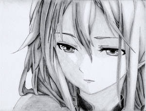 近距離鉛筆素描，描繪一位表情豐富、長髮飄逸的動漫女孩。