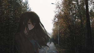 動漫女孩長長的黑髮，站在一條有樹木和路燈的霧氣瀰漫秋天小徑上。 — 森林 壁紙