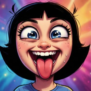 一個黑髮藍眼的卡通女孩張大嘴笑著伸出舌頭。 — 星蝶公主 壁紙