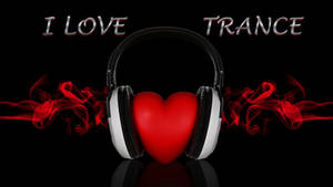 紅心戴耳機，有紅煙和文字 I LOVE TRANCE，黑色背景。