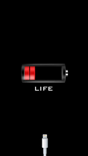 一個低電量圖標，帶有紅色條紋，下方有「LIFE」字樣，底部有充電線。 — 紅黑 壁紙