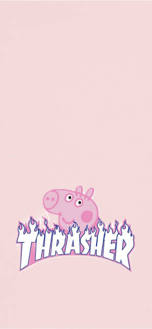 Peppa Pig 與燃燒的Thrasher標誌在粉紅色背景上。
