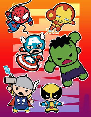 Chibi Marvel超級英雄喺色彩繽紛嘅漸變背景上擺出動作甫士。