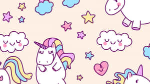粉彩背景，帶有可愛的卡通獨角獸、微笑的雲朵、星星和心形。