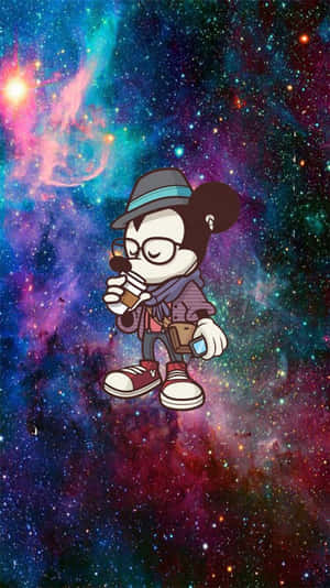 戴著帽子和眼鏡的米奇老鼠漂浮在色彩繽紛的星空星系中。