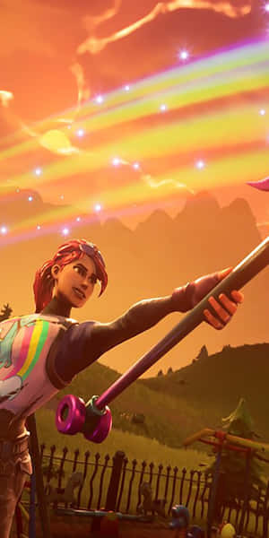 Fortnite角色在熾熱的日落和星星中手持彩虹法杖。