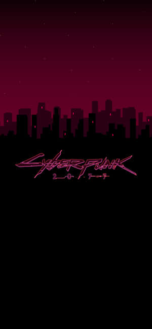 Cyberpunk 2077 螢光粉紅色標誌，位於黑暗城市天際線剪影之上。