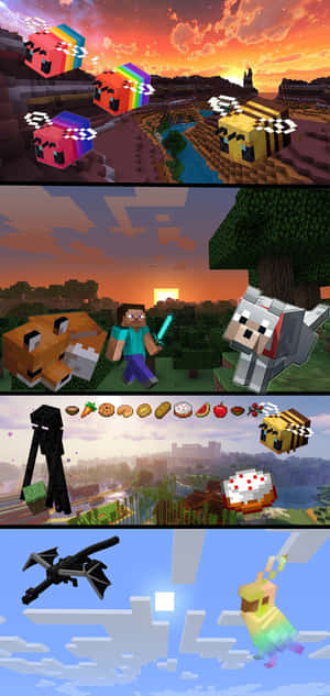 Minecraft 角色和生物在像素化場景中，從日落到天空，有彩虹羊和飛龍。 — Honor X80i 壁紙