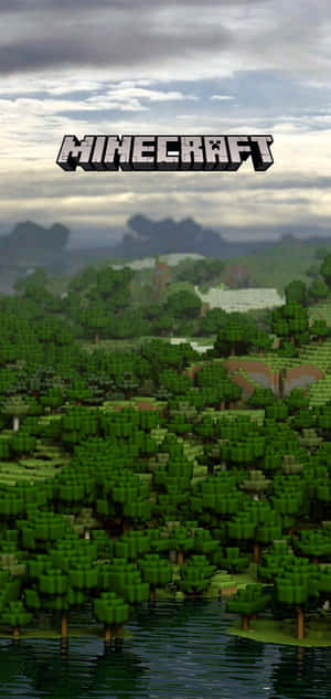 Minecraft 遊戲場景，像素化樹木和水，多雲天空下。