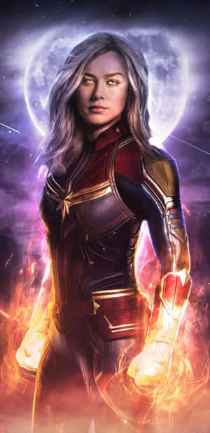 Captain Marvel 在繁星宇宙背景下散發能量光芒。