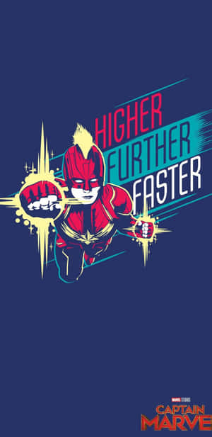 驚奇隊長以發光的拳頭向前出拳，並有文字寫著 higher further faster。