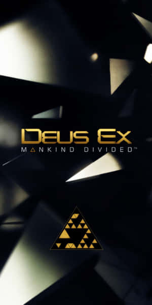 Deus Ex遊戲標誌，金色文字同三角形符號，喺黑暗抽象背景上