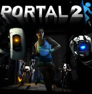 Chell 在 Portal 2 中，與機械人和傳送門裝置在黑暗的實驗室中。 — 傳送門 壁紙