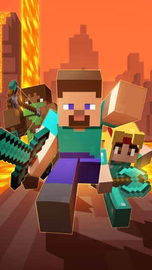 三個像素藝術風格的Minecraft角色站在火紅的日落和廢墟前。