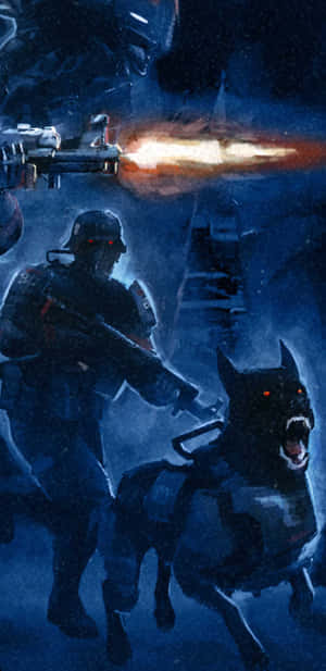 士兵和狗穿著未來裝備，在雪夜戰場上持武器射擊前進。 — 遊戲 壁紙