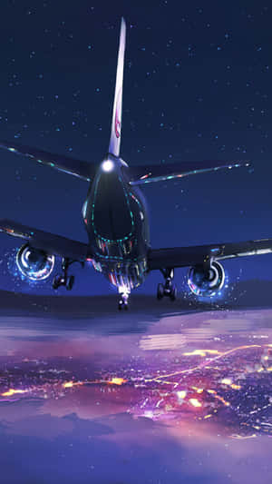 未來風格飛機在星空下夜間降落在發光的城市上空。 — 夜空 壁紙