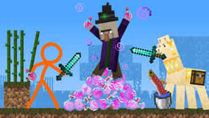 Minecraft女巫與火柴人以劍和粉紅色藥水戰鬥。 — 女巫 GIF 壁紙