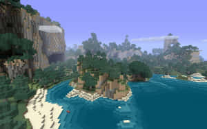 像素化Minecraft島嶼，有海洋、沙灘和懸崖，在藍天下 — 我的世界 壁紙