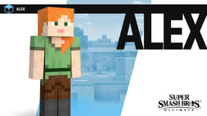 穿著綠色襯衫和棕色褲子的Minecraft角色Alex，帶有Super Smash Bros Ultimate標誌。