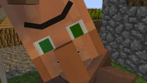 Minecraft角色，綠色眼睛和黑色眉毛，位於方塊村莊中。 — 型格 Minecraft 壁紙