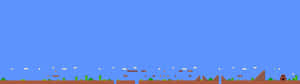 復古像素藝術Mario遊戲關卡，有水管、磚頭同雲，喺藍天下。 — 3840x1080 壁紙