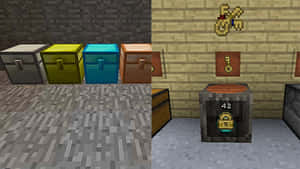 像素化石室入面嘅Minecraft箱同一個鎖住咗嘅箱，上面有數字42。 — 型格 Minecraft 壁紙