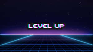 在星空下，數位網格上顯示 level up 的故障霓虹文字。 — 黑暗森林 壁紙