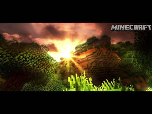 Minecraft 日落場景，方塊狀的樹木和草地沐浴在耀眼的陽光下。 — 綠色動態圖 壁紙
