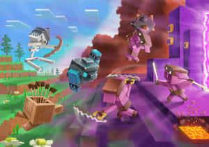 Minecraft 生物在色彩繽紛的方塊世界中戰鬥，其中有熔岩和浮島。 — 我的世界 壁紙