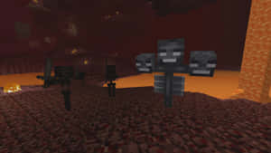 Minecraft 骷髏和守衛在一個有熔岩和浮動方塊的熾熱地獄環境中。