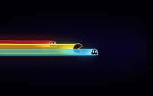 Pacman 和鬼魂在復古電玩場景中沿著彩色軌跡奔馳。 — 復古 壁紙
