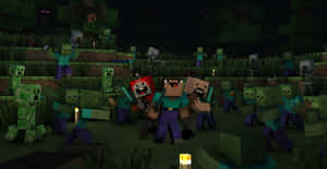 Minecraft角色在黑暗的草地區域與喪屍戰鬥，旁邊有火把。 — 鬼滅之刃面具 壁紙