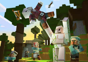 Minecraft玩家在日落時分於像素化森林中與殭屍戰鬥。 — 我的世界 壁紙