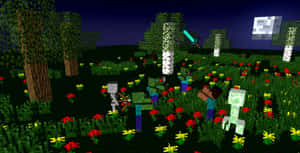 Minecraft玩家在夜晚的花田中與喪屍和骷髏戰鬥。