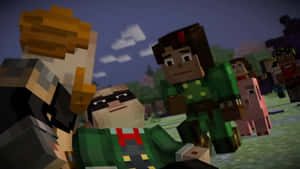Minecraft角色在暮色中的草地田野上站在一起。 — 我的世界 壁紙