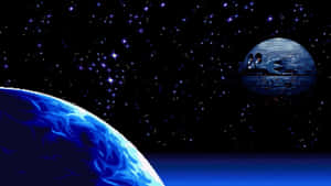 在星光閃爍的太空中的藍色行星和死星的像素藝術。 — 超音鼠 壁紙