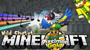 Minecraft Pixelmon Gold標誌，帶有一隻唱歌的Chatot鳥和音符。 — 卡通 壁紙
