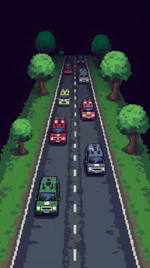 像素化的高速公路，夜間有汽車，兩旁綠樹成蔭 — 卡通 壁紙